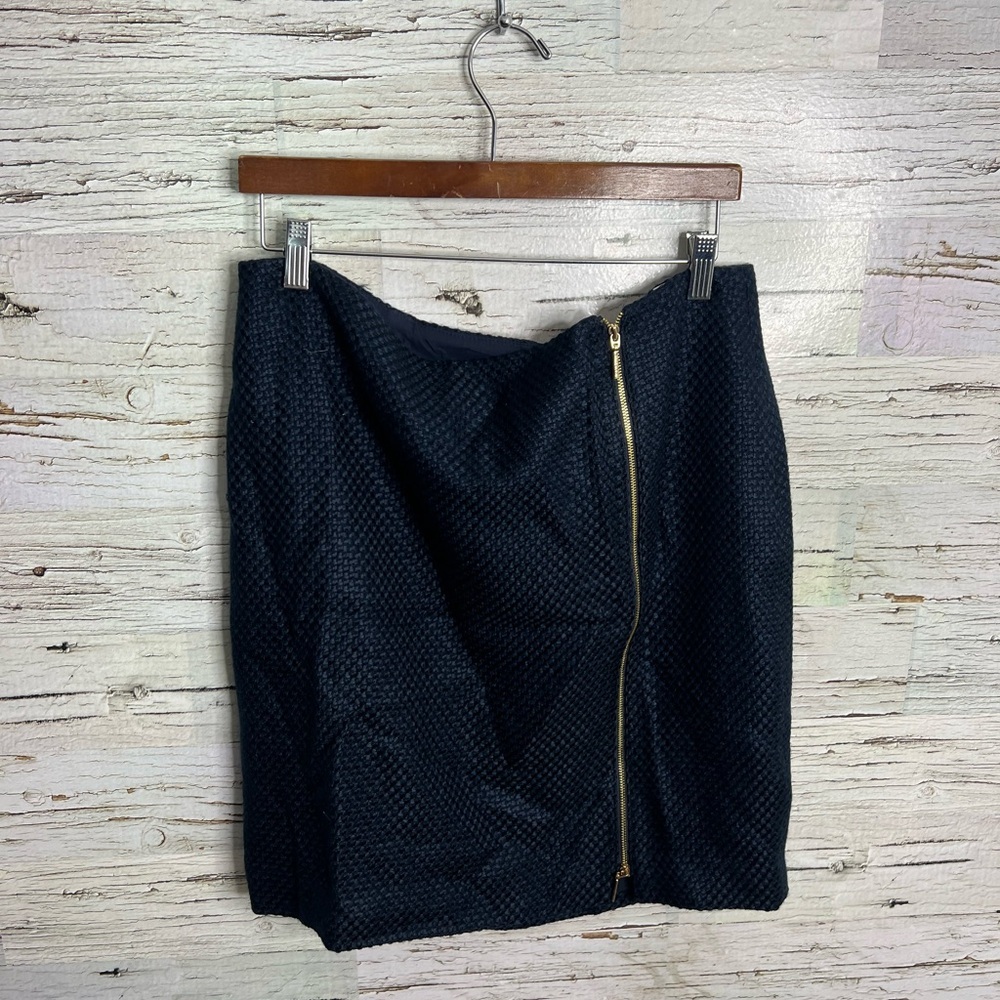 Anne Klein Navy Textured Midi Skirt with Asymmetric Gold Zip